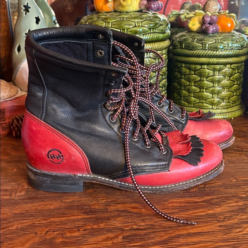 Double H women’s leather lace up boots, size 7 1/2, black and red - Picture 2 of 8